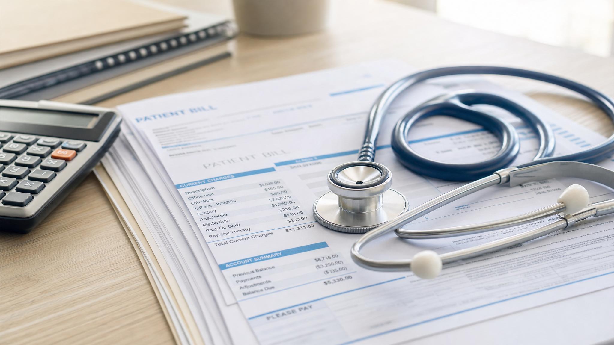 Stethoscope on medical bills with calculator, representing workers comp medical payment questions
